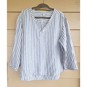 L.L. Bean Womens Blue Striped Linen Tunic Top Sz XL Long Sleeve Vacation Resort